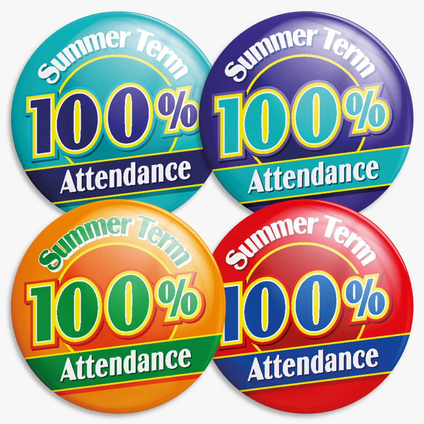Four colourful circular badges each stating 'Summer Term 100% Attendance' in bold text. The badges are in blue and red, yellow and blue, red and blue, and orange with green. Designed to reward full attendance during the summer school term.