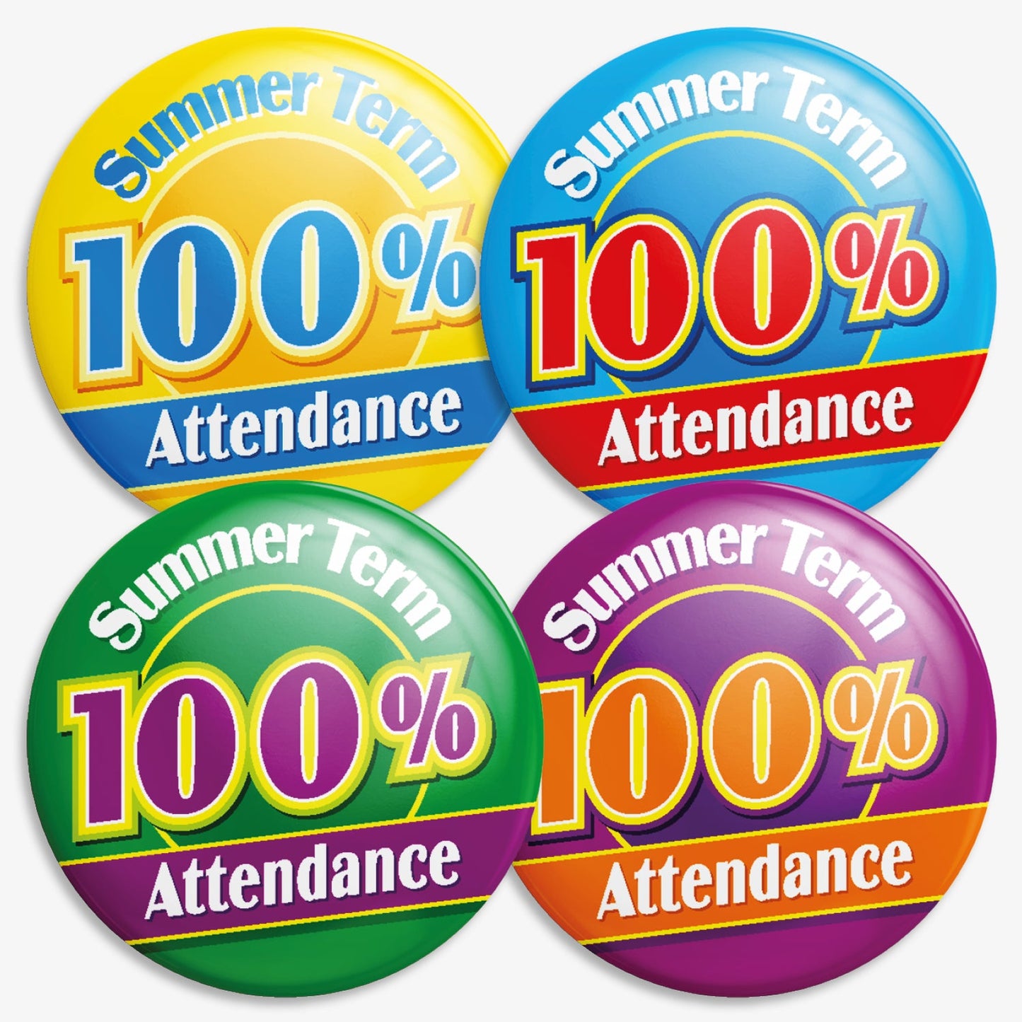 Four colourful circular badges each stating 'Summer Term 100% Attendance' in bold text. The badges are in blue and cyan, cyan and blue, green and purple, and purple with orange. Designed to reward full attendance during the summer school term.