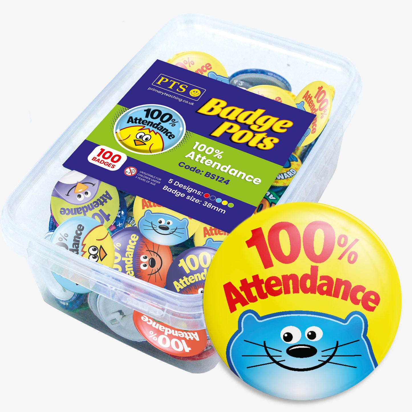 A pot of 40 badges, 38mm in size, for 100% attendance.  1 badge is shown, a smiling blue cat—on a bright yellow background, with the phrase '100% Attendance' in bold red tex