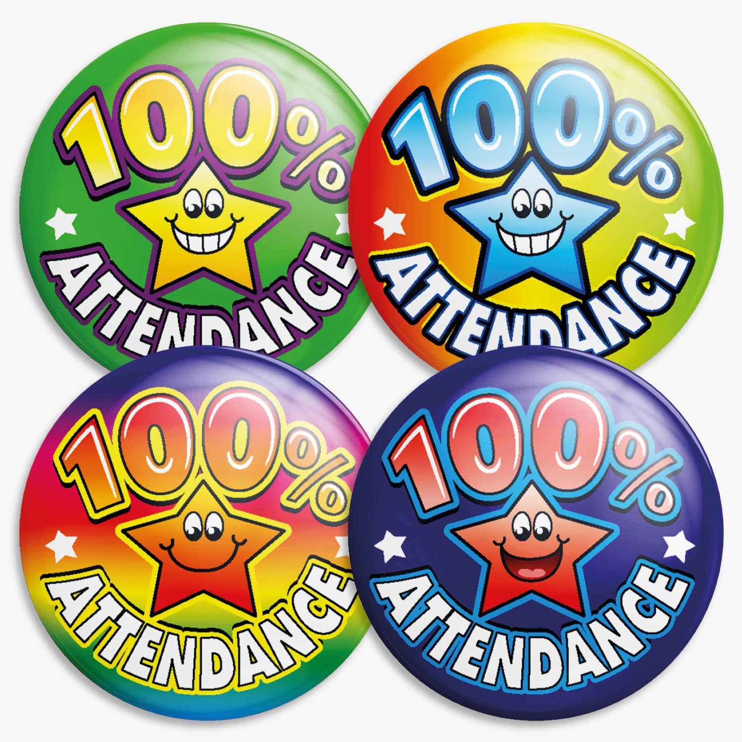 Four brightly coloured circular badges each displaying '100% Attendance' with a smiling cartoon star in the centre. The badges have different background colours: green with a yellow star, blue with a red star, rainbow with a orange star, and orange, yellow and green with a blue star. Designed to reward perfect school attendance.