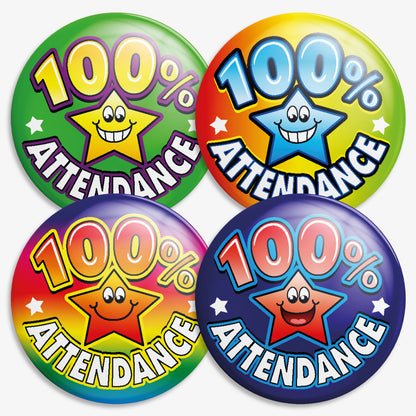 Four brightly coloured circular badges each displaying '100% Attendance' with a smiling cartoon star in the centre. The badges have different background colours: green with a yellow star, blue with a red star, rainbow with a orange star, and orange, yellow and green with a blue star. Designed to reward perfect school attendance.
