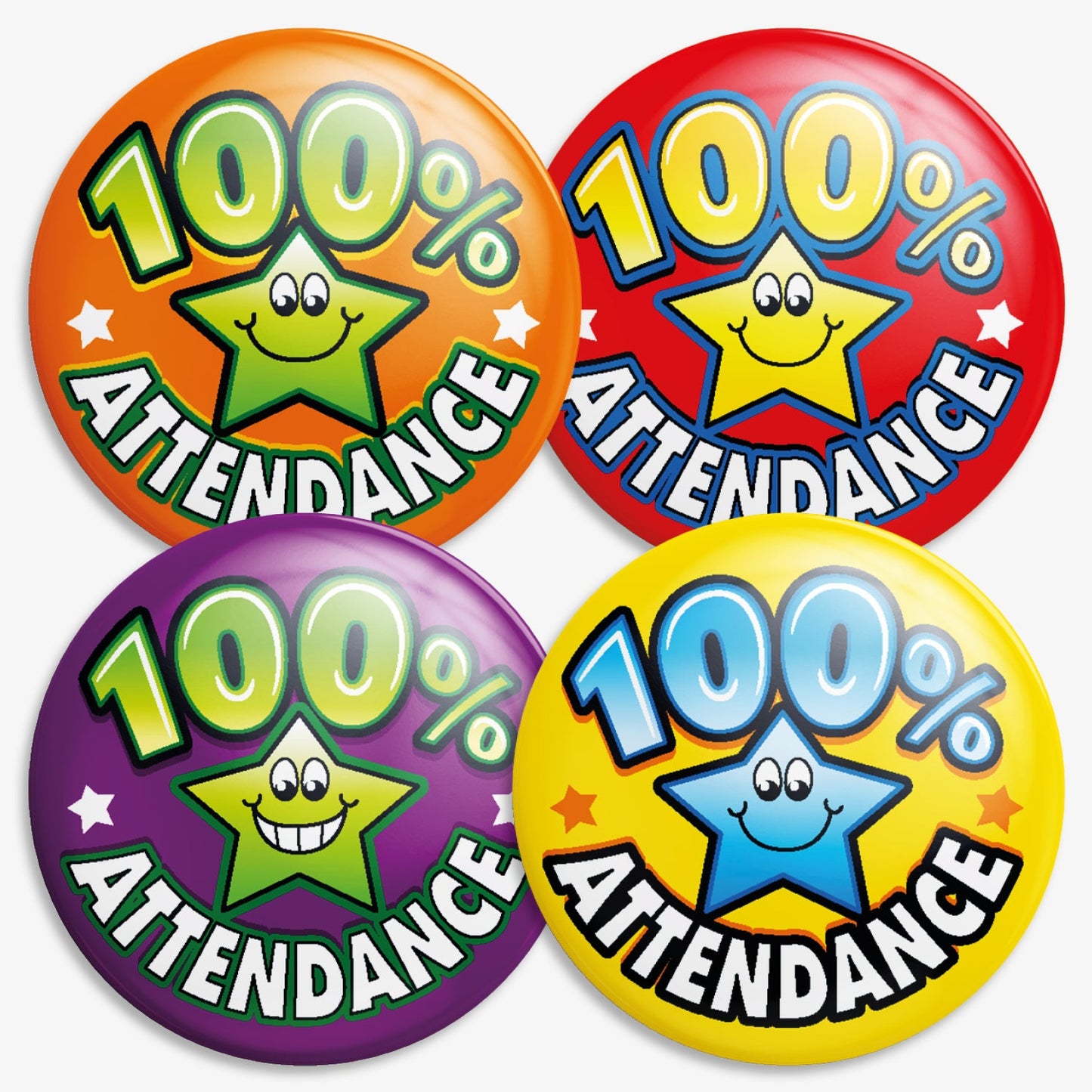 Four brightly coloured circular badges each displaying '100% Attendance' with a smiling cartoon star in the centre. The badges have different background colours: orange with a green star, red with a yellow star, purple with a green star, and yellow with a blue star. Designed to reward perfect school attendance.