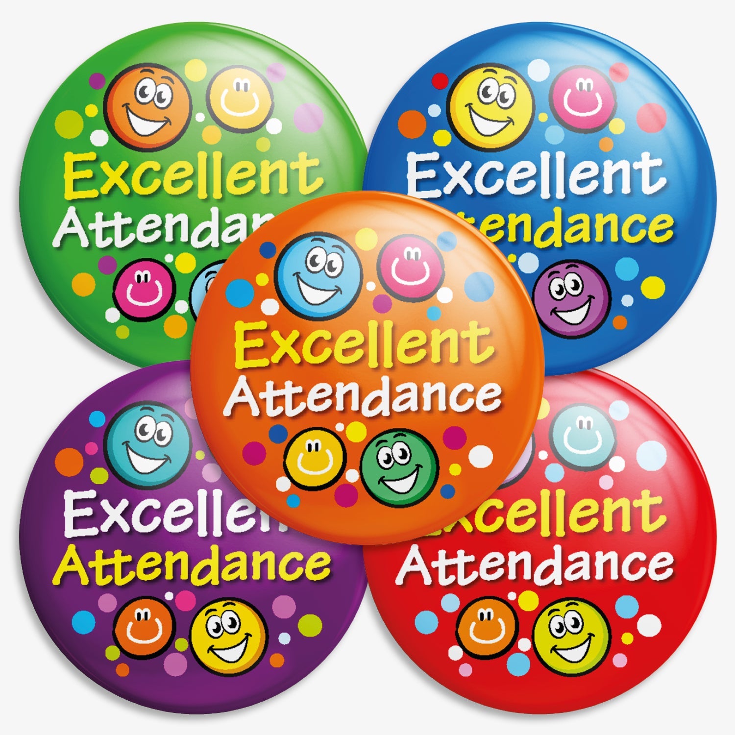 Five colourful circular badges displaying the phrase 'Excellent Attendance' surrounded by cheerful, multicoloured smiley faces and polka dots. Each badge has a different background: green, blue, orange, purple, and red, designed to reward consistent school attendance with a fun and positive design.