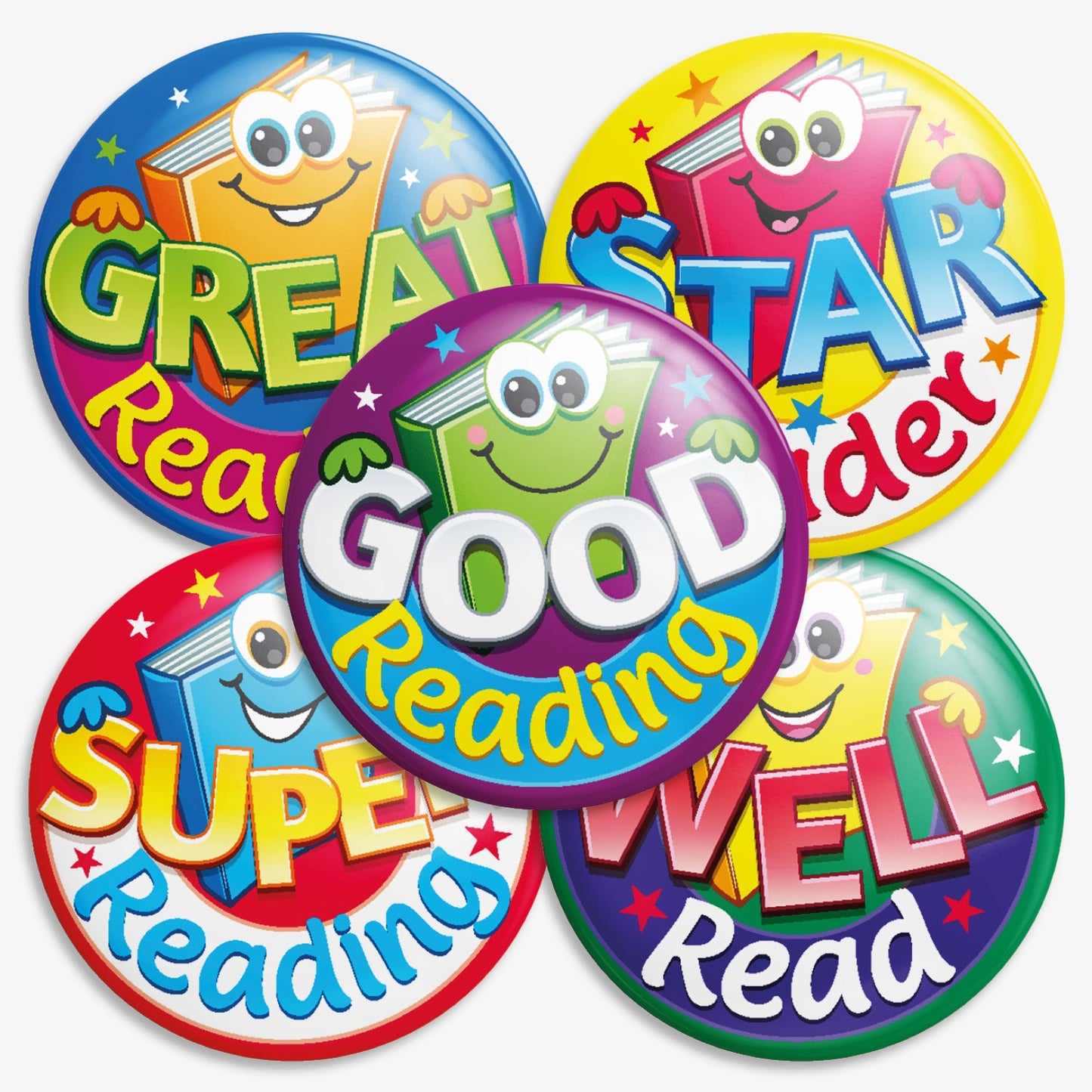 A selection of 38mm round metal badges featuring reading rewards for 'Super Reading', 'Great Reading', 'Well Read', 'Good Reading' and 'Star Reader'.   Each badge features a smiling cartoon book character with large eyes, set against a vibrant background.