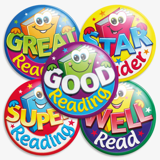 A selection of 38mm round metal badges featuring reading rewards for 'Super Reading', 'Great Reading', 'Well Read', 'Good Reading' and 'Star Reader'.   Each badge features a smiling cartoon book character with large eyes, set against a vibrant background.