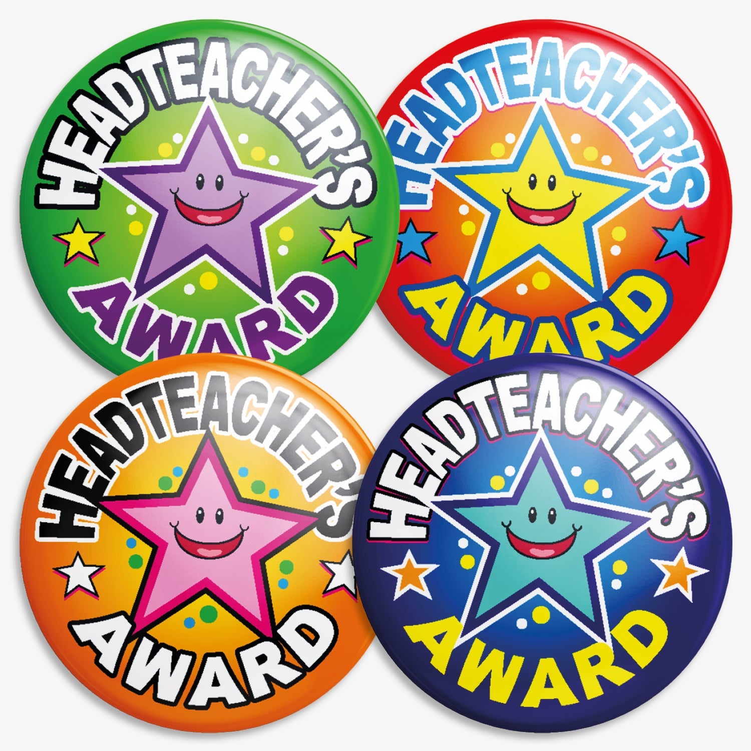 Four circular badges with the text 'Headteacher’s Award' encircling a large smiling cartoon star. Each badge has a vibrant background: green with a purple star, red with a yellow star, orange with a pink star, and navy blue with a blue star. Designed to recognise outstanding achievement or behaviour in school.