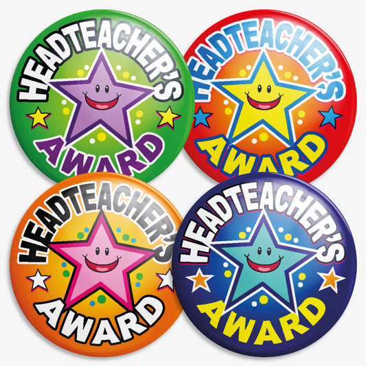 Four circular badges with the text 'Headteacher’s Award' encircling a large smiling cartoon star. Each badge has a vibrant background: green with a purple star, red with a yellow star, orange with a pink star, and navy blue with a blue star. Designed to recognise outstanding achievement or behaviour in school.