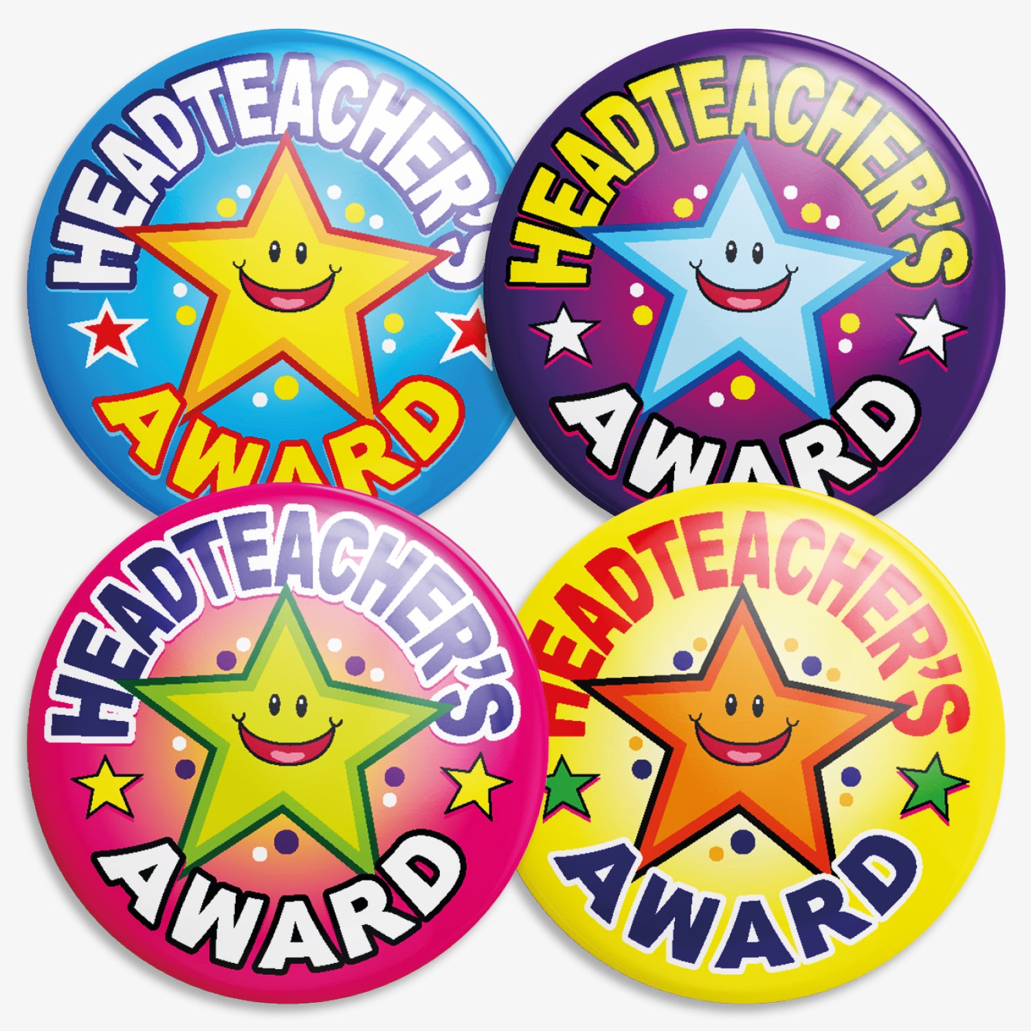 Four circular badges with the text 'Headteacher’s Award' encircling a large smiling cartoon star. Each badge has a vibrant background: yellow with a orange star, cyan with a yellow star, pink with a green star, and purple with a blue star. Designed to recognise outstanding achievement or behaviour in school.