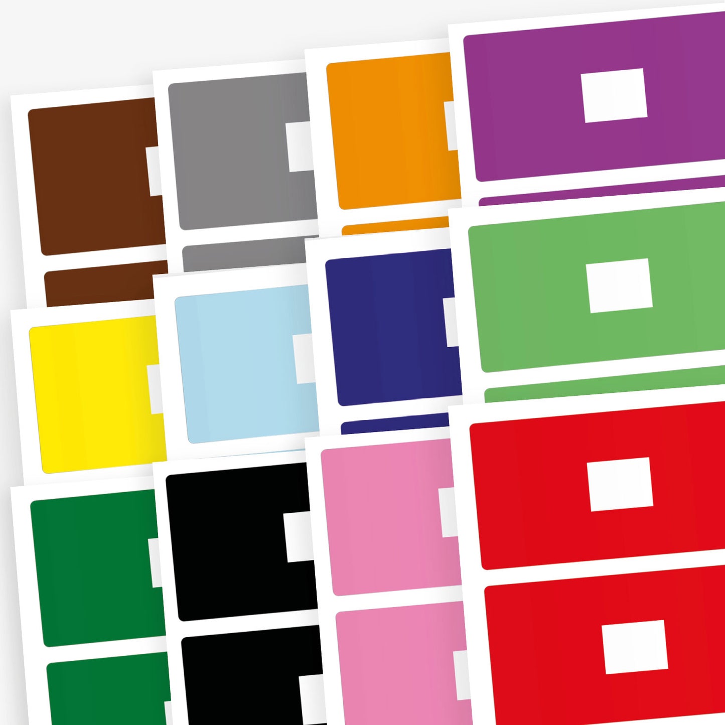 12 sets of 100 rectangular library labels, each measuring 72mm by 38mm, featuring 12 different coloured backgrounds with a white central panel for handwritten or printed text; designed to assist in categorising and organising books within educational settings