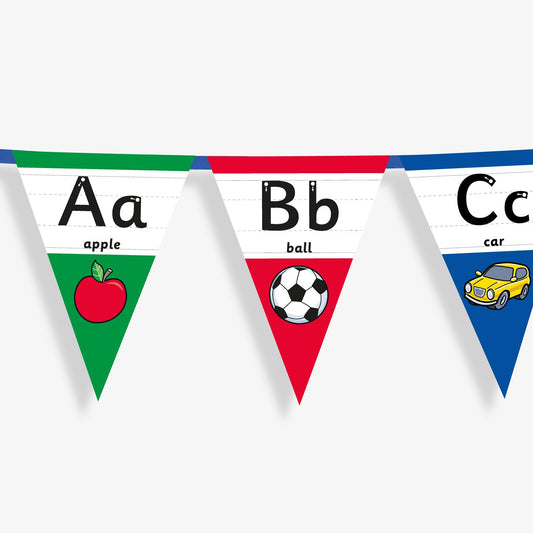 Colourful number bunting on blue ribbon featuring the letters in both capital and small letters Aa, Bb and Cc - each flag has images at the point of the bunting relating to the letter and the word; example Aa, word: apple and an image of a red apple.