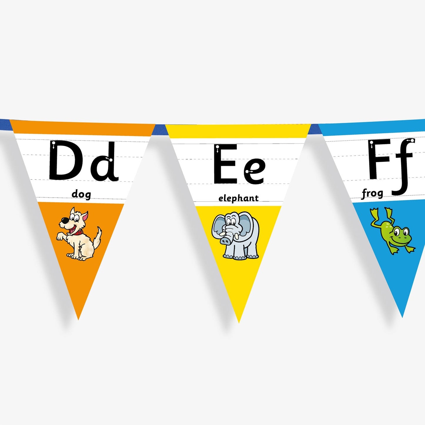 Colourful number bunting on blue ribbon featuring the letters in both capital and small letters Dd, Ee and Ff - each flag has images at the point of the bunting relating to the letter and the word; example Dd, word: dog and an image of a dog.