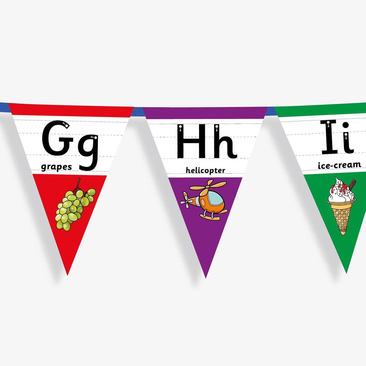Colourful number bunting on blue ribbon featuring the letters in both capital and small letters Gg, Hh, Ii - each flag has images at the point of the bunting relating to the letter and the word; example Gg, word: grapes and an image of a bunch of green grapes.