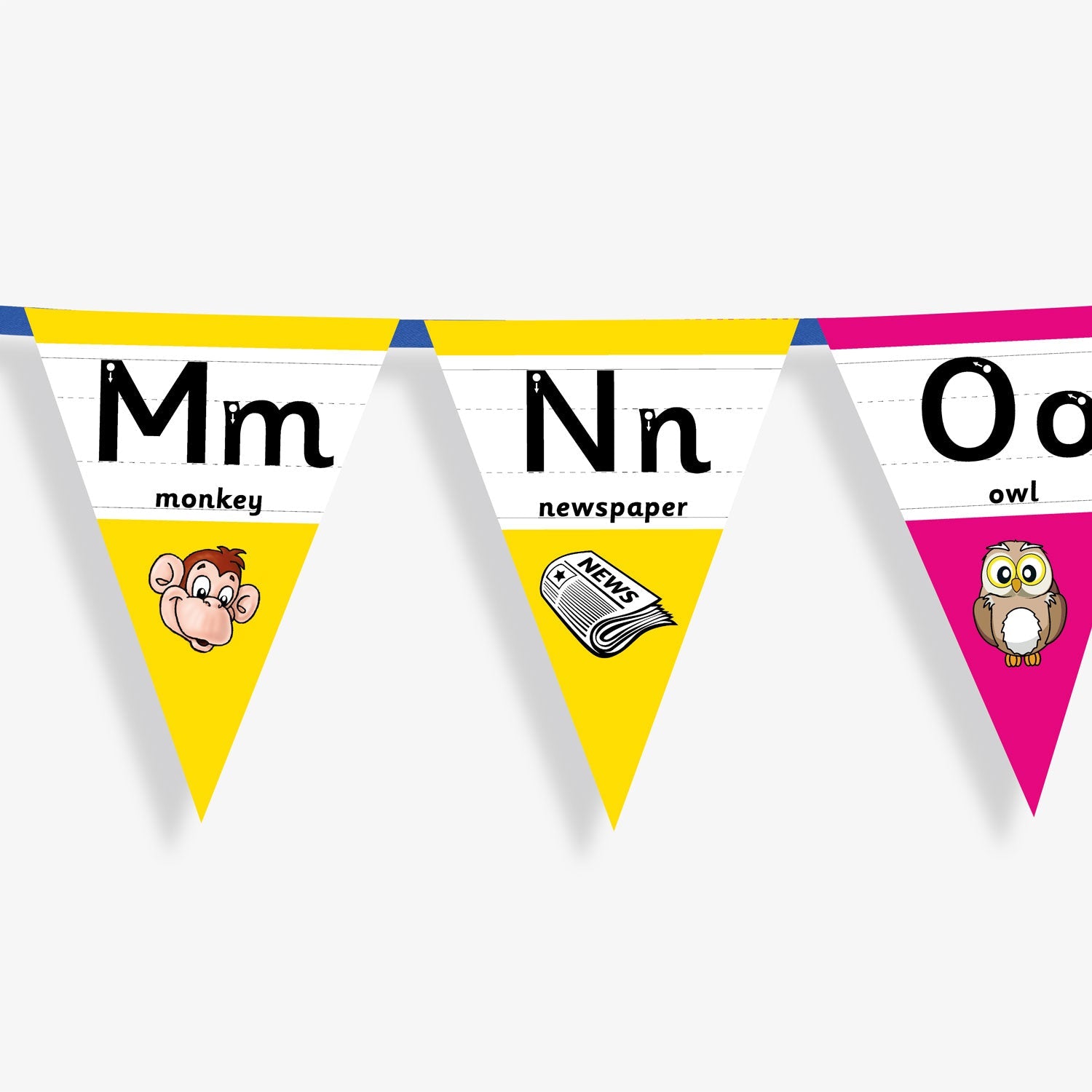 Colourful number bunting on blue ribbon featuring the letters in both capital and small letters Mm, Nn, Oo - each flag has images at the point of the bunting relating to the letter and the word; example Oo, word: owl and an image of an owl.