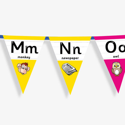Colourful number bunting on blue ribbon featuring the letters in both capital and small letters Mm, Nn, Oo - each flag has images at the point of the bunting relating to the letter and the word; example Oo, word: owl and an image of an owl.