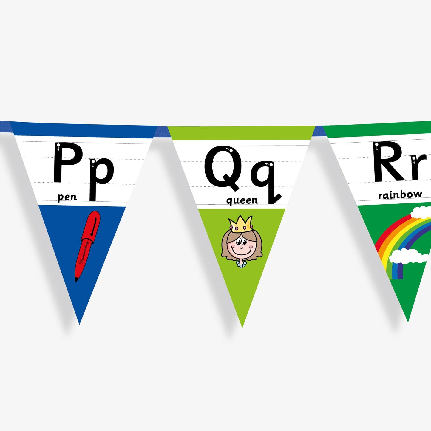 Colourful number bunting on blue ribbon featuring the letters in both capital and small letters Pp, Qq, Rr - each flag has images at the point of the bunting relating to the letter and the word; example Qq, word: queen and an image of a queen.