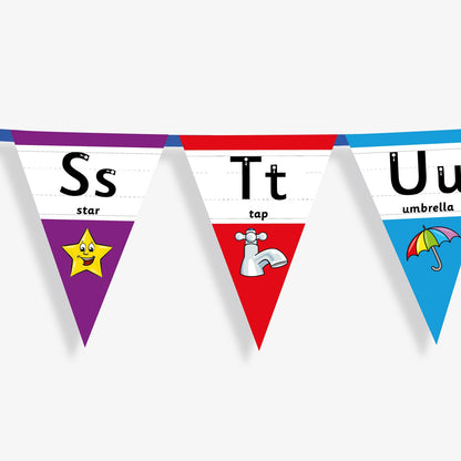 Colourful number bunting on blue ribbon featuring the letters in both capital and small letters Ss, Tt, Uu - each flag has images at the point of the bunting relating to the letter and the word; example Tt, word: tap and an image of a silver tap.