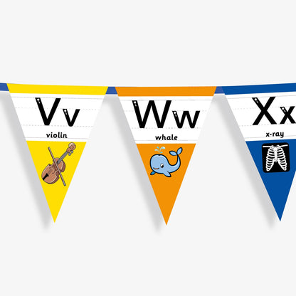 Colourful number bunting on blue ribbon featuring the letters in both capital and small letters Vv, Ww, Xx- each flag has images at the point of the bunting relating to the letter and the word; example Xx, word: x-ray and an image of an x-ray of a body.