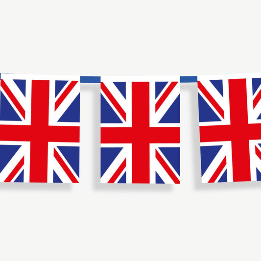 Self assembly Union Jack flag bunting on a blue ribbon.