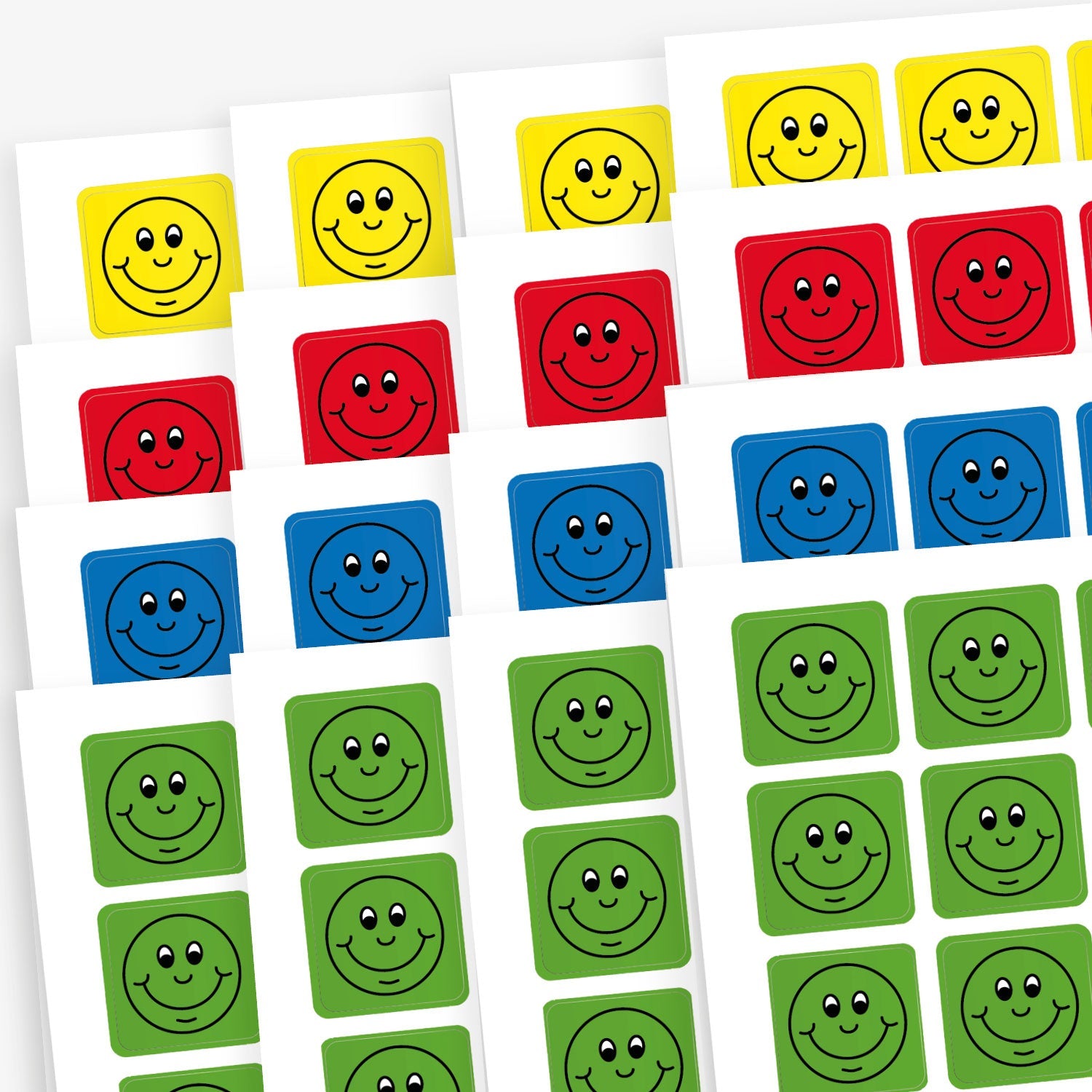 Sheets of square reward stickers with background colours of yellow, red, blue and green.  Each sticker has a main image of a black outlines smiling face.