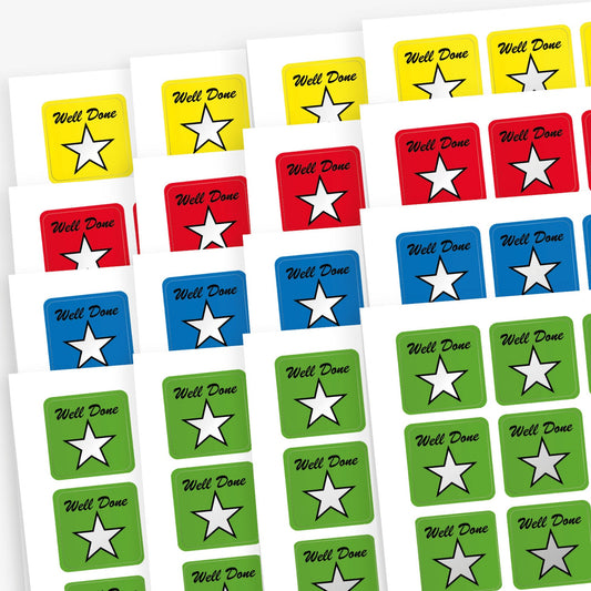 Sheets of square reward stickers with background colours of yellow, red, blue and green.  Each sticker has a main image of a silver star and the wording 'Well Done' above.