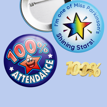 a selection of badges on a blue background 100% attendance and personalised one