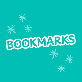 Text 'BOOKMARKS' on a turquoise background with snowflake graphics
