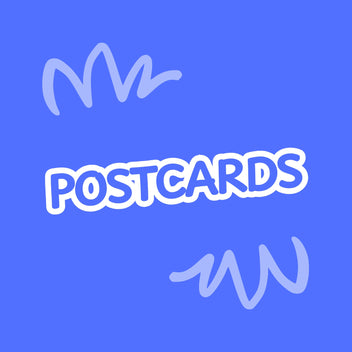 Blue background with 'POSTCARDS' text in white