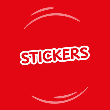 Red background with 'STICKERS' text in white