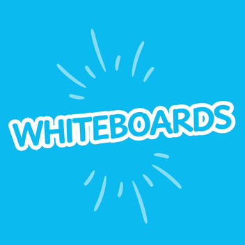 White text 'WHITEBOARDS' on a blue background with sunburst designs.