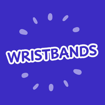 Text 'WRISTBANDS' on a blue background with white outline