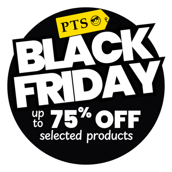 Black Friday sale advertisement with 'PTS' logo on a white background