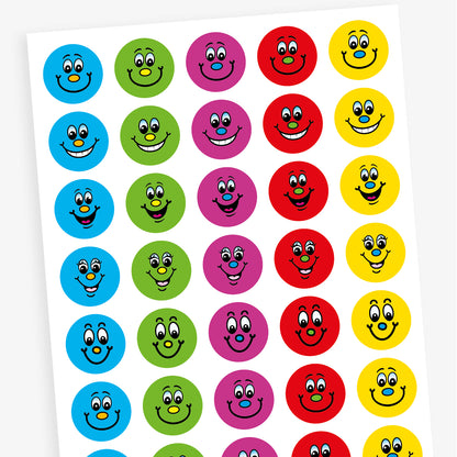 Sheet of stickers with various cartoon smiling faces on backgrounds of blue, green, pink, red and yellow