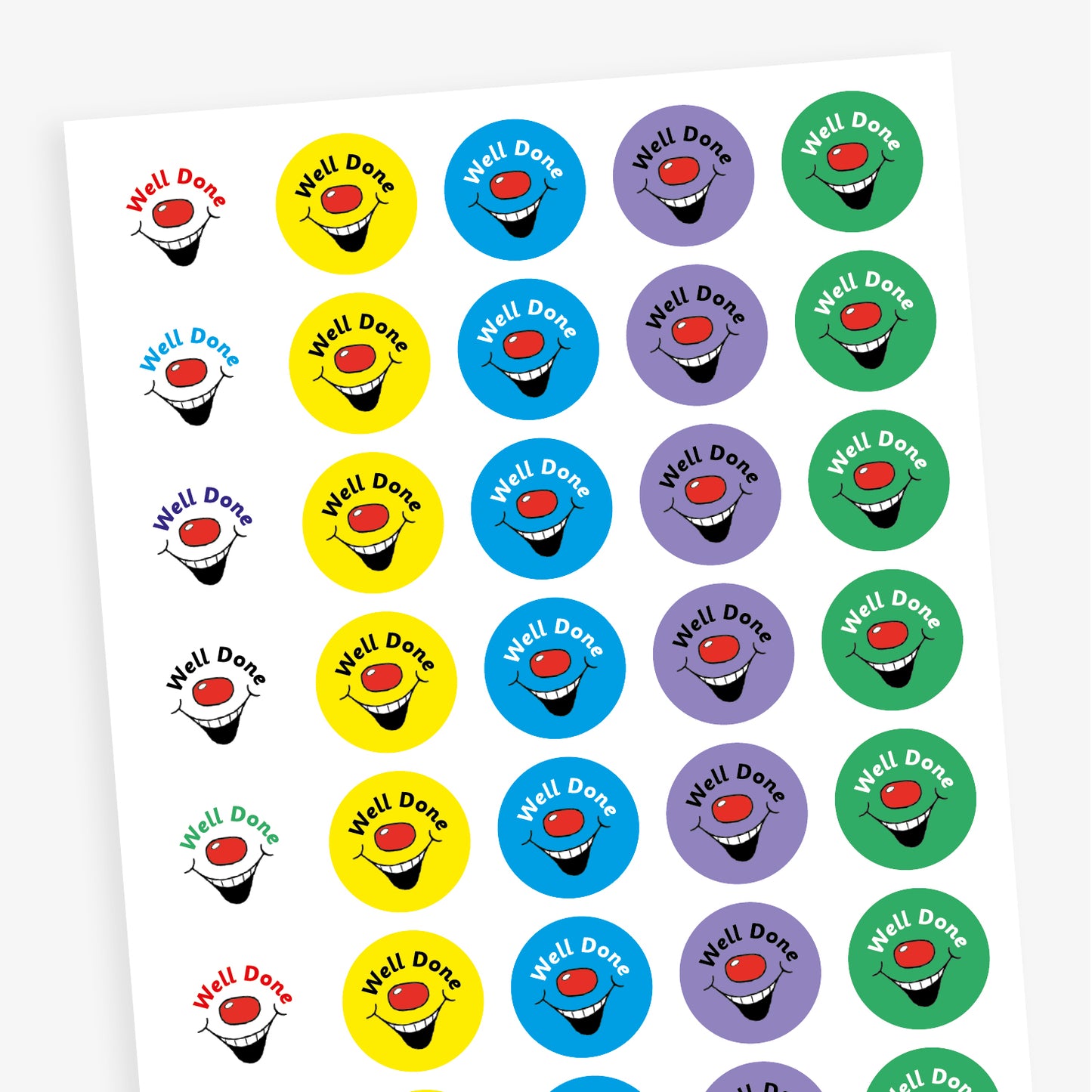 A sheet of colourful circular stickers featuring 'Well Done' against brish colour backgrounds with a red nose and laughing mouth..