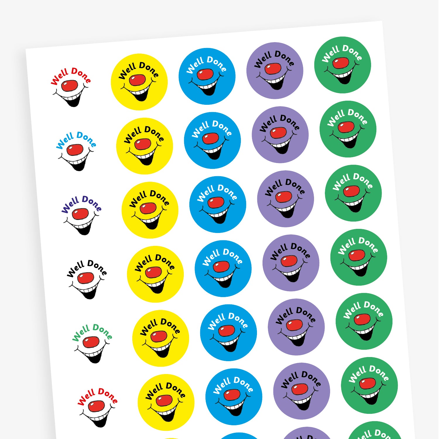 A sheet of colourful circular stickers featuring 'Well Done' against brish colour backgrounds with a red nose and laughing mouth..