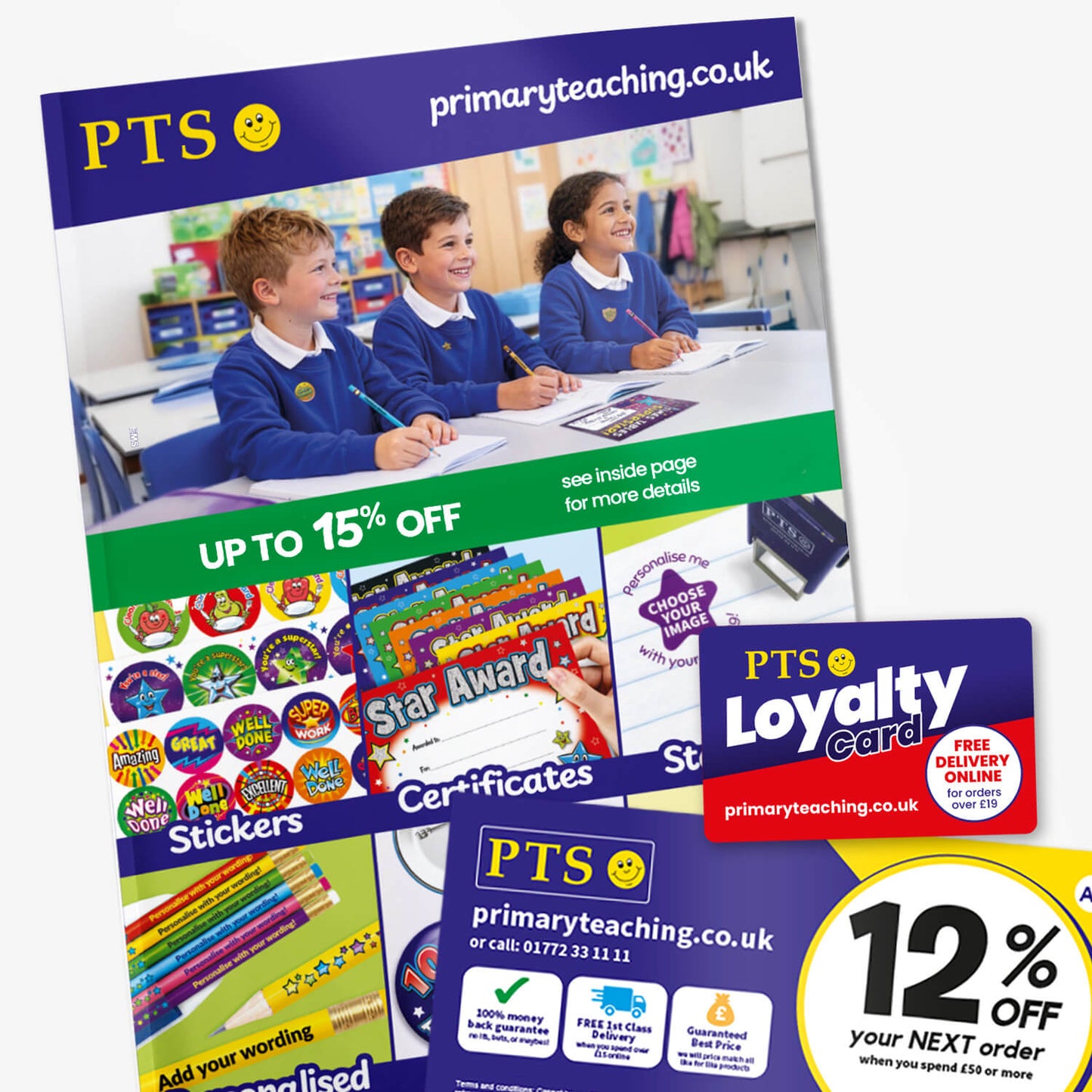 Catalogue cover showing 3 school children and product categories for stickers, certificates, stampers, plus loyalty card.