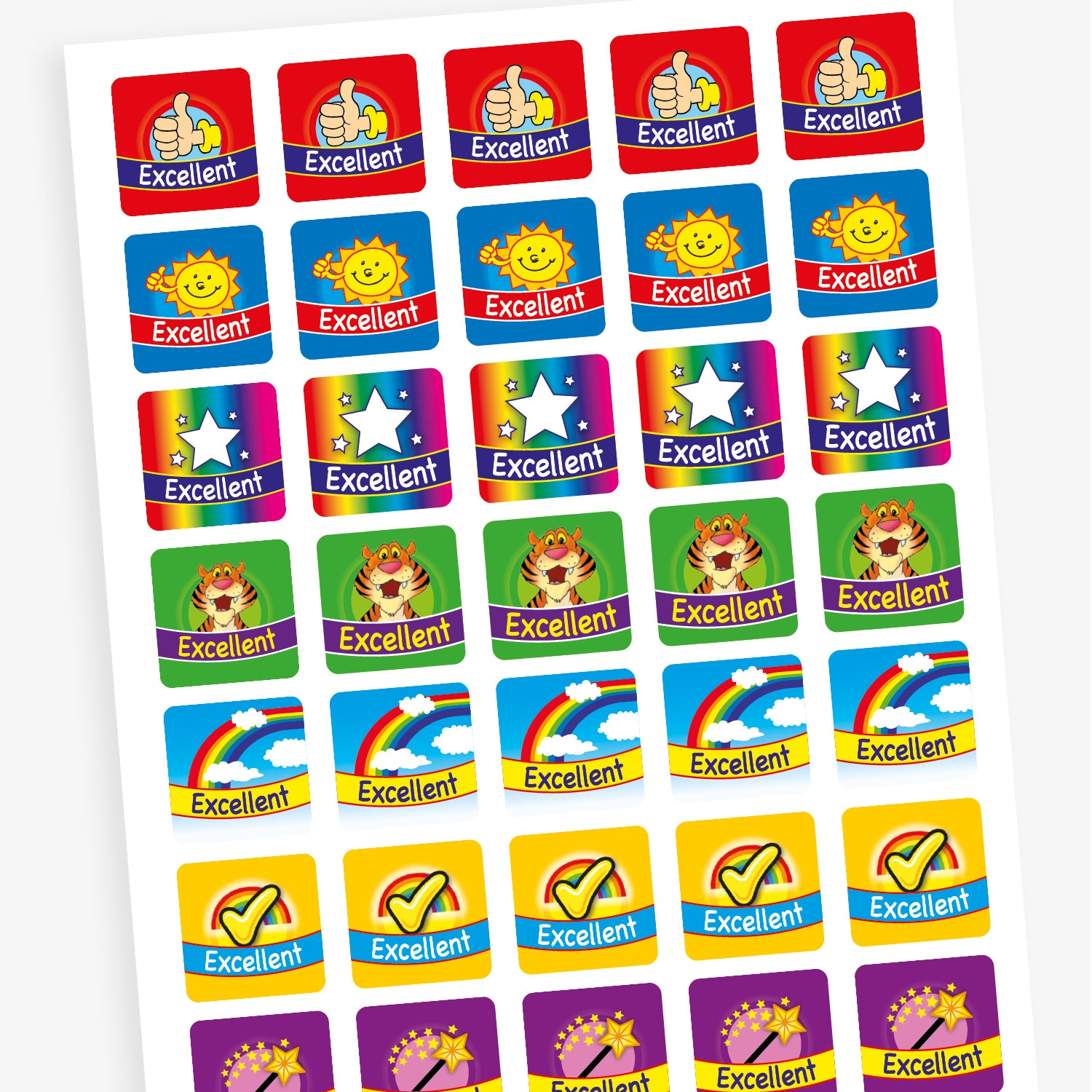 An overview of the sheet of square stickers each with the word 'excellent' in a coloured banner against various background images including: thumbs up icon, rainbow, star, smiling sun and a tiger.