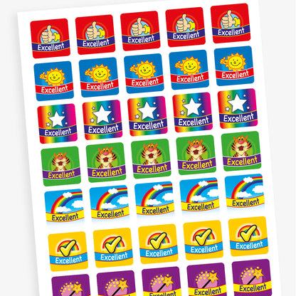 An overview of the sheet of square stickers each with the word 'excellent' in a coloured banner against various background images including: thumbs up icon, rainbow, star, smiling sun and a tiger.