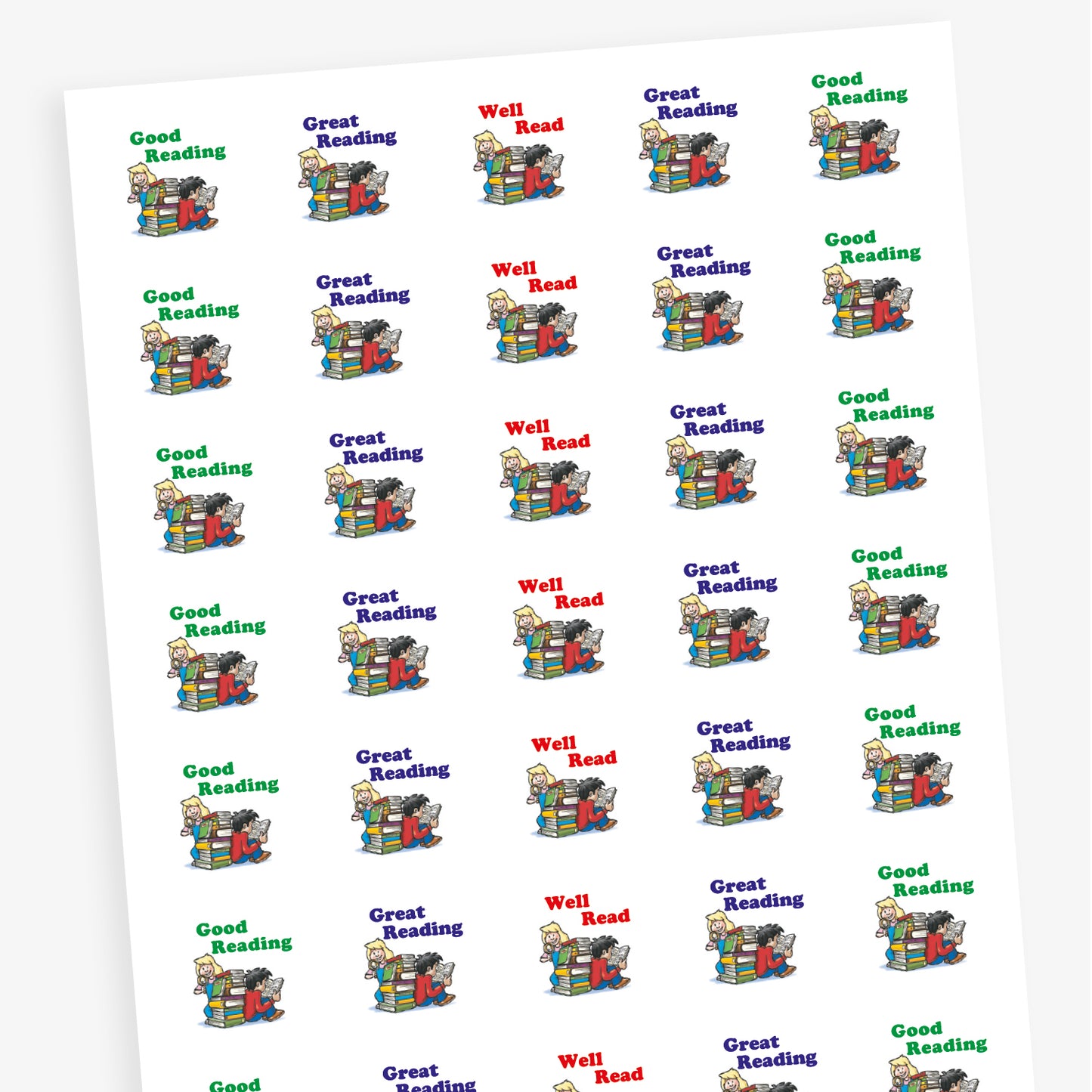 A sheet of white square reward stickers with phrases including 'Well Read', 'Great Reading' and 'Good Reading' in blue, green or red text. Each sticker features a boy and a girl reading against a stack of books.