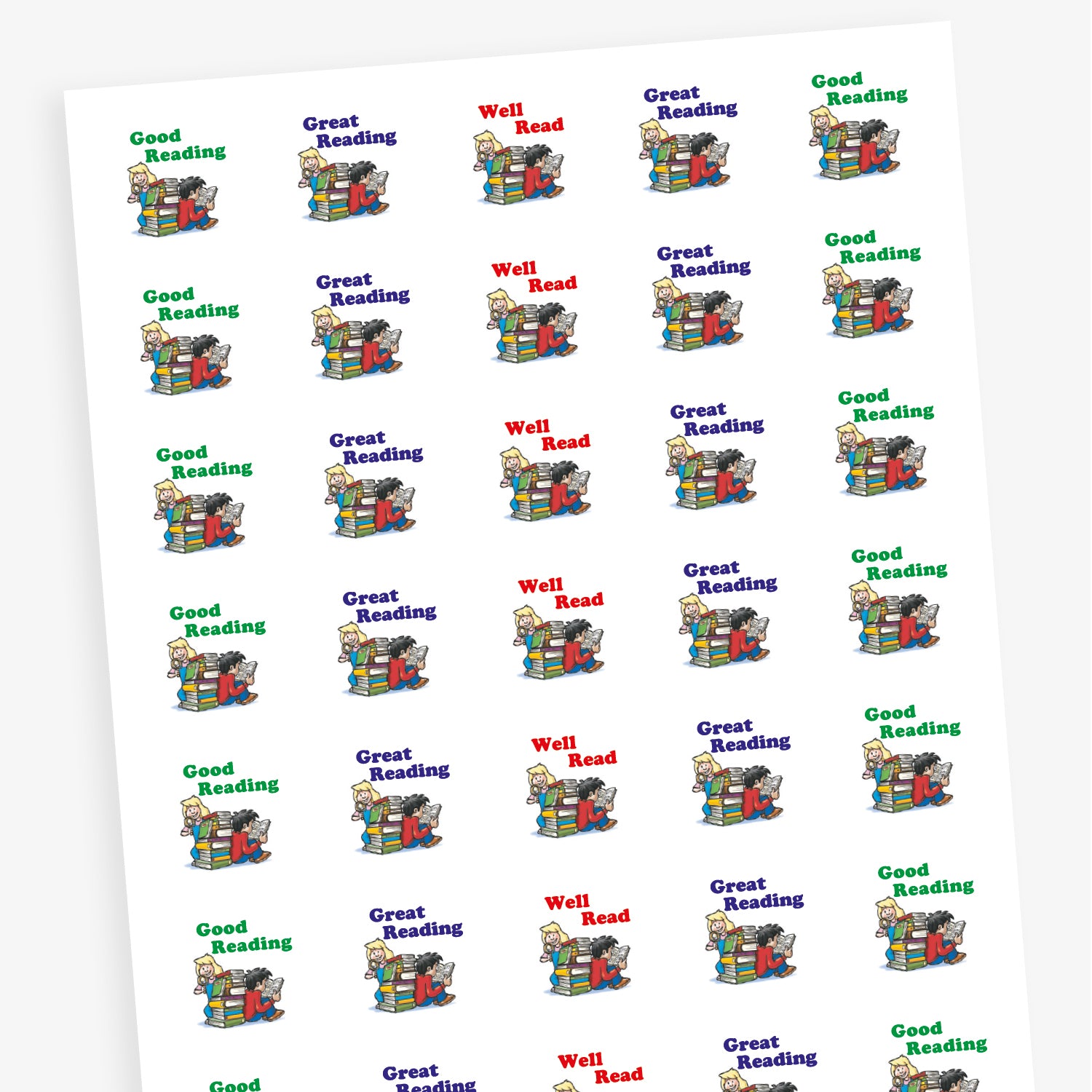 A sheet of white square reward stickers with phrases including 'Well Read', 'Great Reading' and 'Good Reading' in blue, green or red text. Each sticker features a boy and a girl reading against a stack of books.