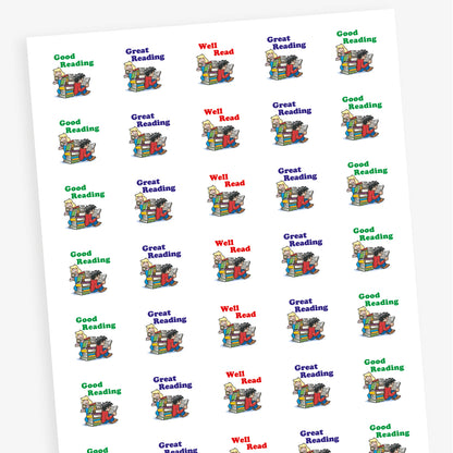 A sheet of white square reward stickers with phrases including 'Well Read', 'Great Reading' and 'Good Reading' in blue, green or red text. Each sticker features a boy and a girl reading against a stack of books.