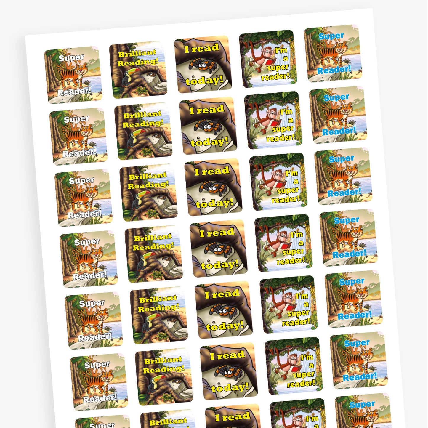 Overview of a sheet of square reward stickers, each featuring a jungle animal and a reading-themed message. Includes a toucan on a tree branch with the words 'Brilliant Reading'; a smiling spider on a leaf with the text I read today'; and a cheerful tiger with the phrase 'Super Reader'. 