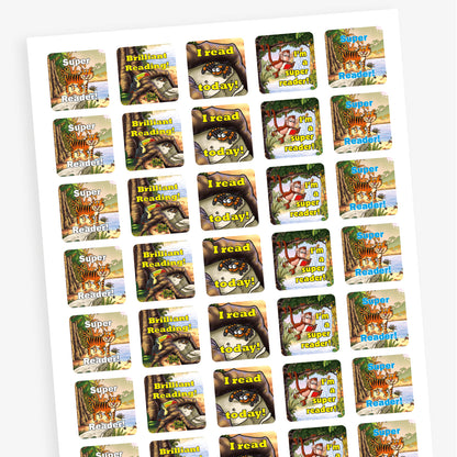 Overview of a sheet of square reward stickers, each featuring a jungle animal and a reading-themed message. Includes a toucan on a tree branch with the words 'Brilliant Reading'; a smiling spider on a leaf with the text I read today'; and a cheerful tiger with the phrase 'Super Reader'. 