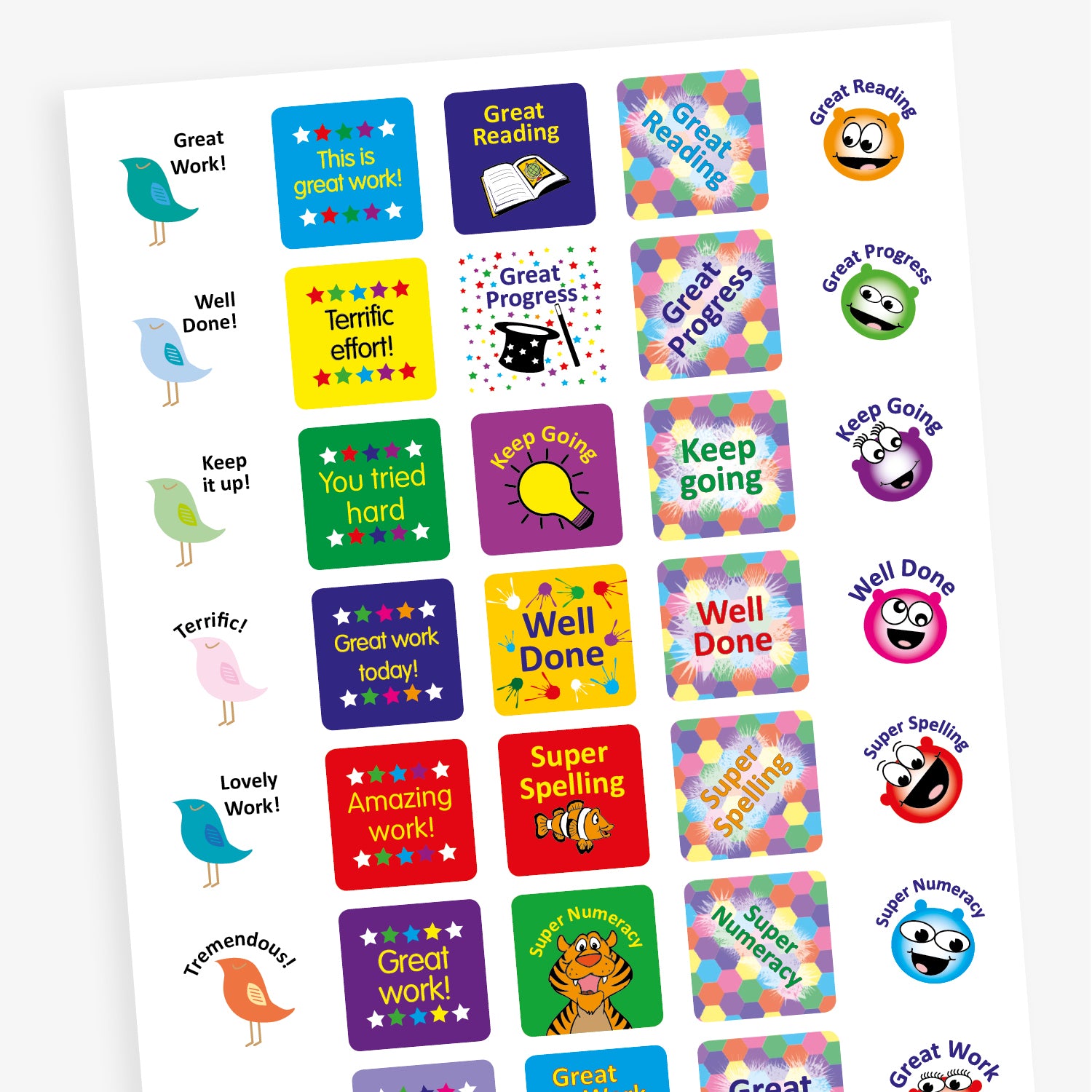 A sheet of square reward stickers with phrases including 'Great Work', 'Keep Going', 'You Tried Hard' and 'Great Progress' in bold text. Each sticker features different images including an open book, a magicians hat and wand, a bird, light bulb or multicoloured background.