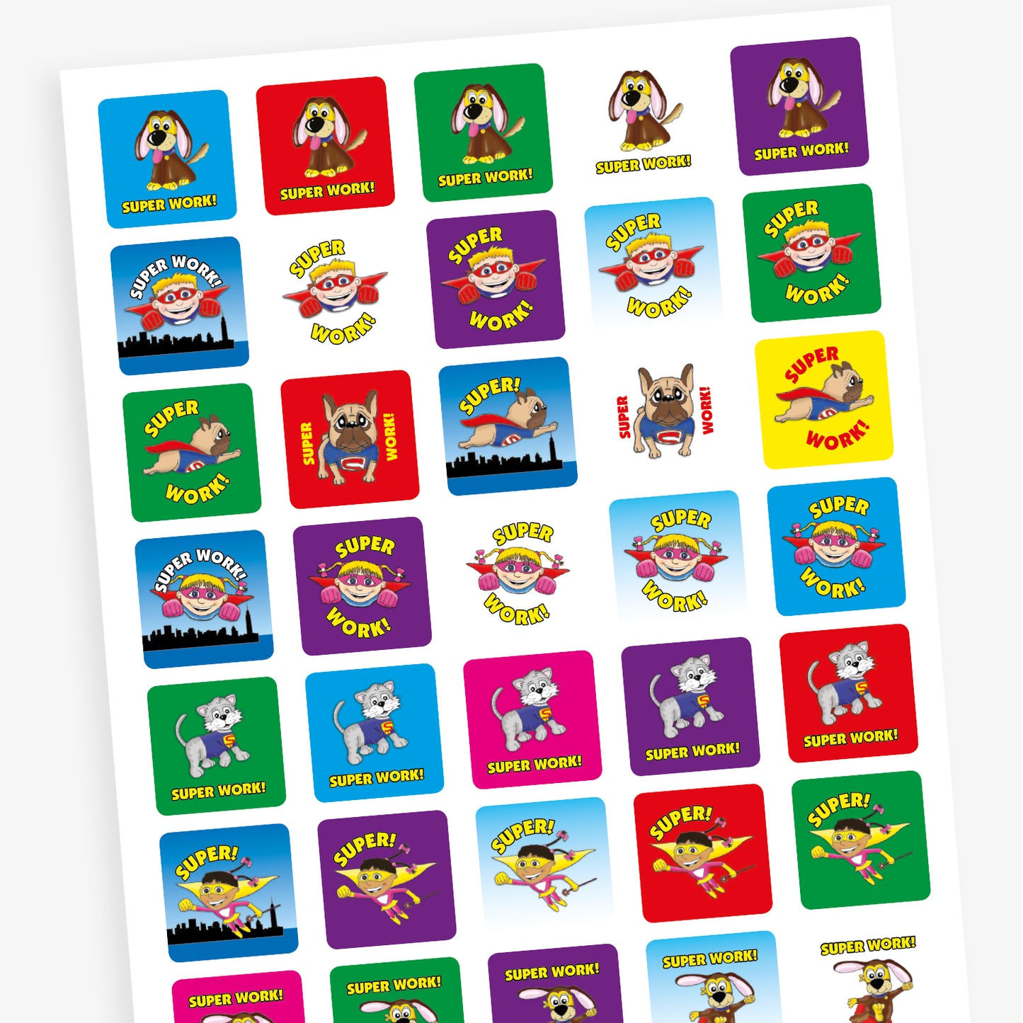 A sheet of square stickers in various background colours including cyan, red, white, purple and green each with the message 'Super Work!' around an illustration a superhero person or dog.