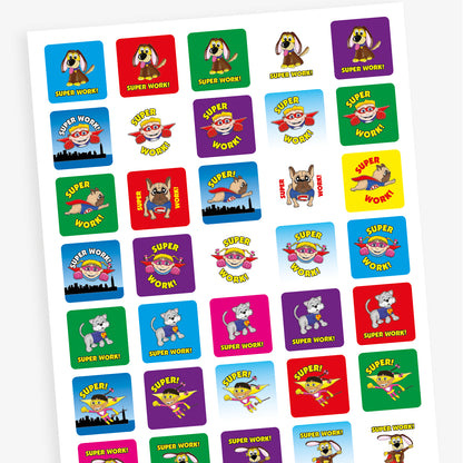 A sheet of square stickers in various background colours including cyan, red, white, purple and green each with the message 'Super Work!' around an illustration a superhero person or dog.