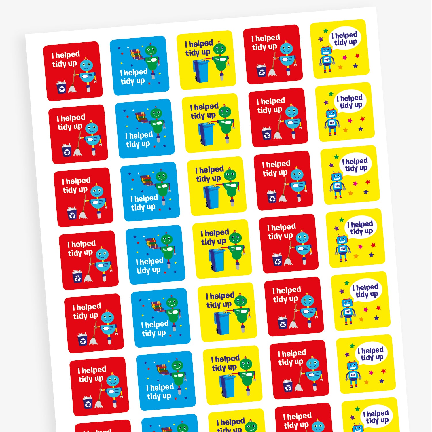 A sheet of square stickers in various background colours including cyan, red, white, purple and green each with the message 'Super Work!' around an illustration a superhero person or dog.