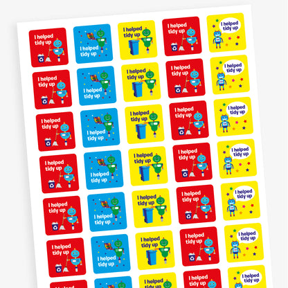 A sheet of square stickers in various background colours including cyan, red, white, purple and green each with the message 'Super Work!' around an illustration a superhero person or dog.