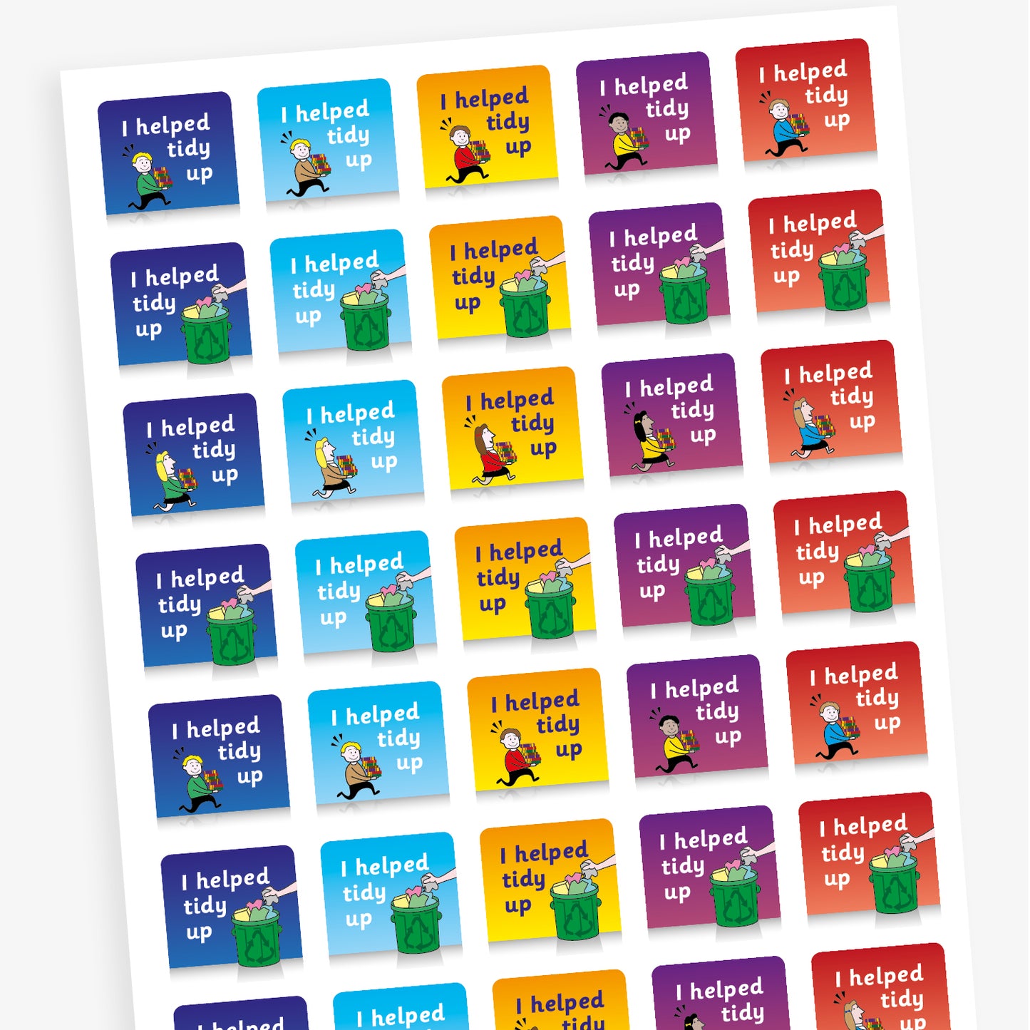 A sheet of square stickers in various background colours including cyan, red, white, purple and green each with the message 'Super Work!' around an illustration a superhero person or dog.