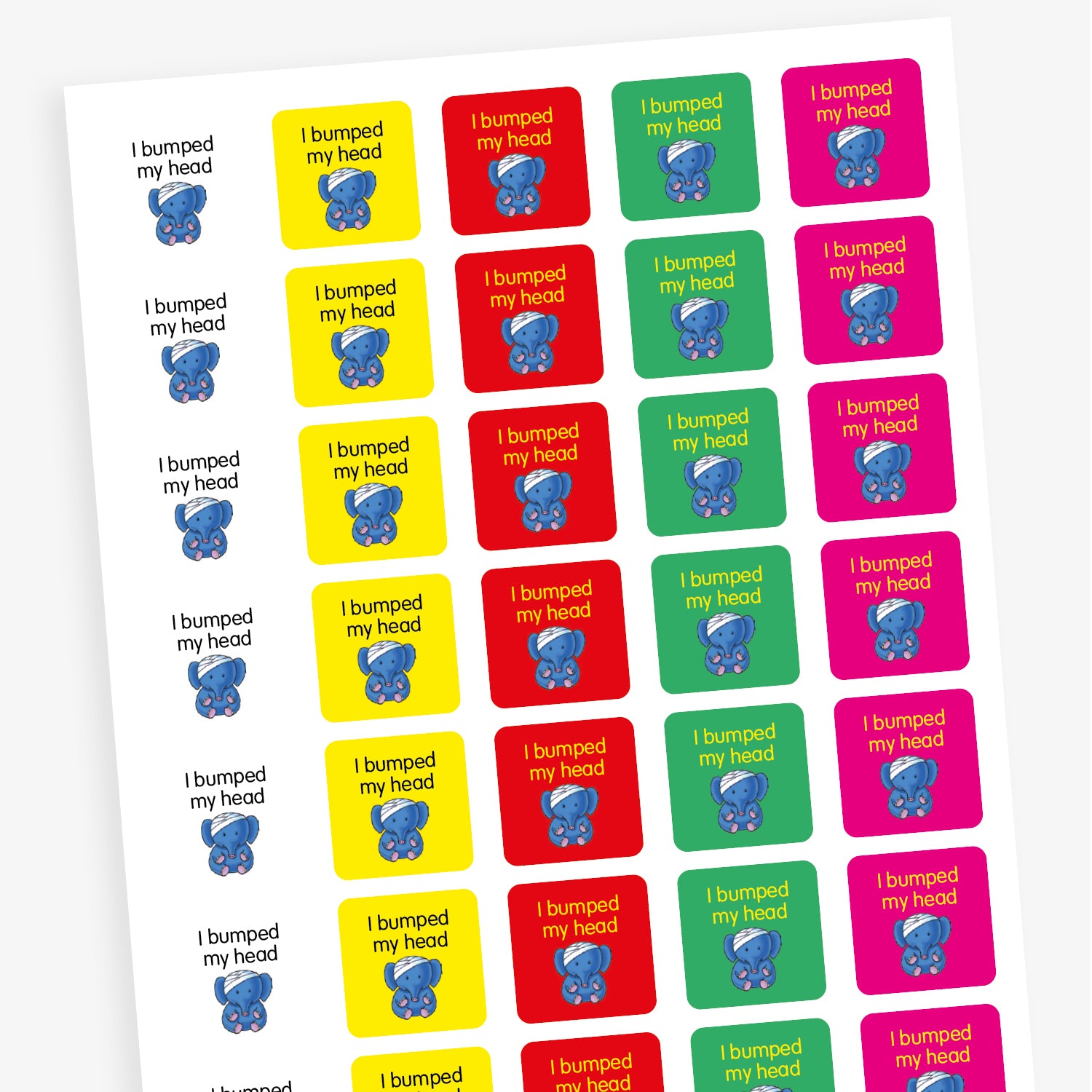 Overview of a sheet of square stickers in white, yellow, and red, each with the message 'I bumped my head' above an illustration of a sad blue elephant with a bandage on its head. These stickers are designed to alert parents or carers when a child has had a minor head injury at school or nursery.