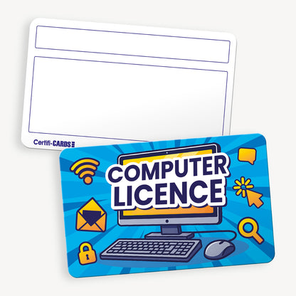 Blue certificard with Computer Licence wording and computer image